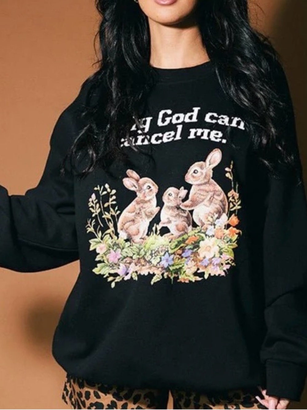 Dressed in lala Black Graphic Sweatshirt with Bunny & Floral Print Size S/M